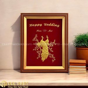 Tranh đôi chim công - Happy Wedding tặng đám cưới
