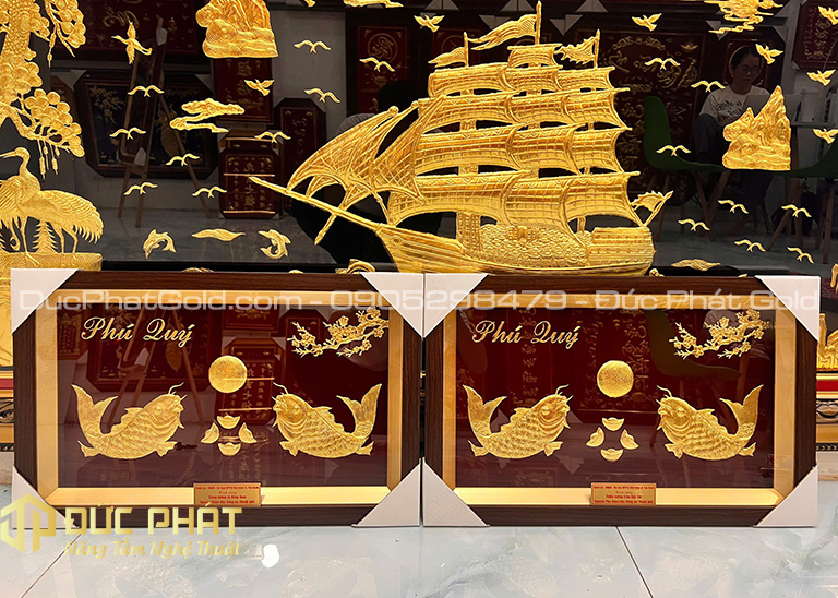 tranh cá chép dát vàng quà tặng
