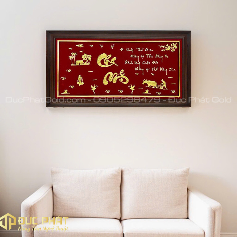 tranh chữ cha mẹ thư pháp dát vàng