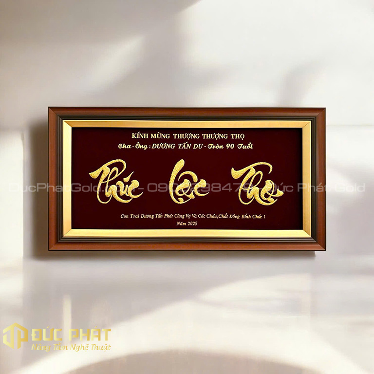 Tranh mừng thọ 90 tuổi chữ Phúc Lộc Thọ thư pháp