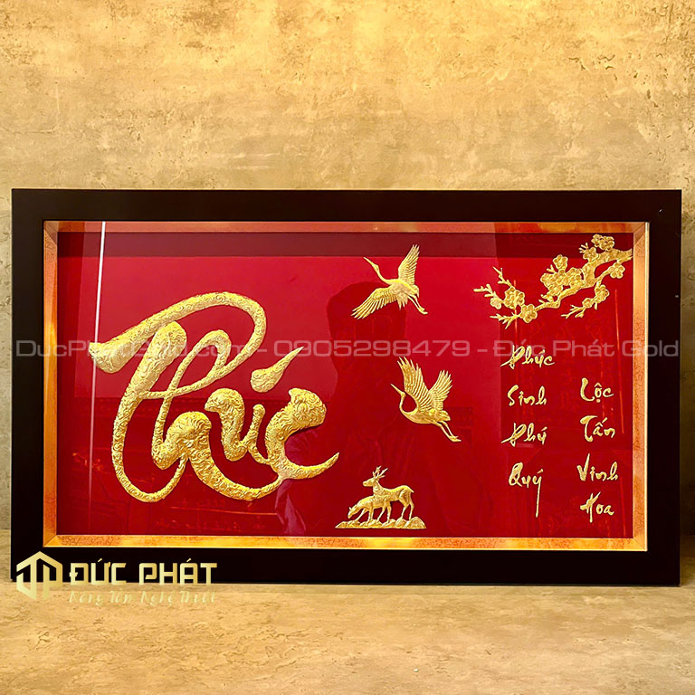 tranh chữ phúc và đôi chim hạc