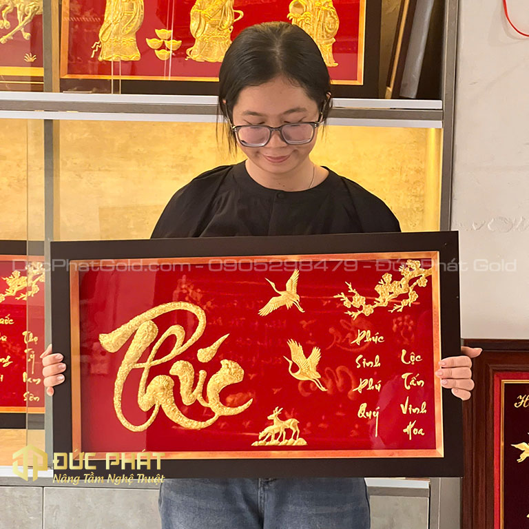 Tranh chữ Phúc và đôi chim Hạc dát vàng Tranh chữ Phúc và đôi chim Hạc dát vàng