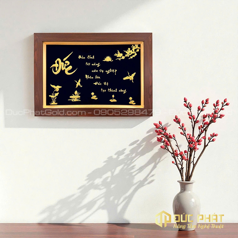 Tranh chữ Đức hoa sen và chim hạc Tranh chữ Đức hoa sen và chim hạc